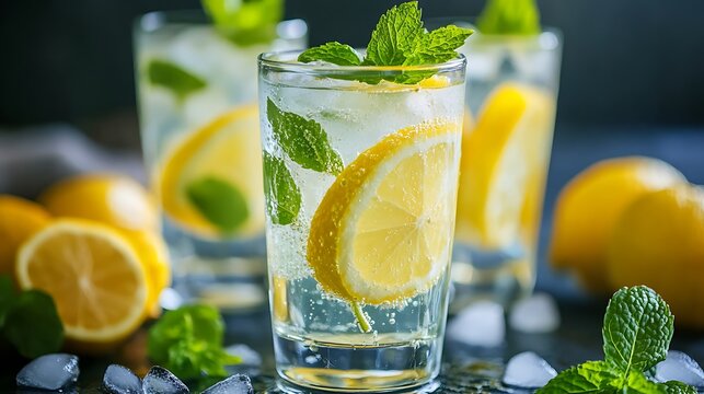 Lemonade prepared with lemon sugar mint and water in a glass