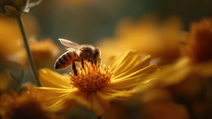 Bee pollinating vibrant yellow flower nature scene close-up photography natural habitat macro perspective beauty of life