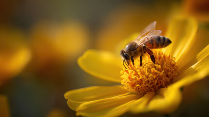 Bee collecting nectar from yellow flower nature scene close-up view vibrant colors for pollination awareness