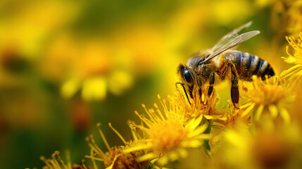 Bee collecting nectar in vibrant flower garden nature closeup macro photography colorful environment