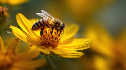 Bee collecting nectar from bright yellow flower nature scene close-up shot vibrant environment macro view pollination concept
