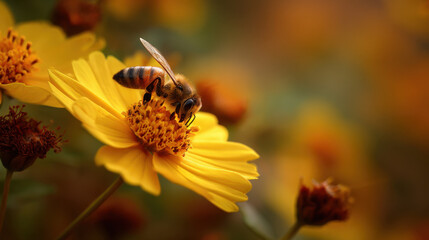 Bee collecting nectar from vibrant yellow flowers nature setting close-up photography serene environment detailed perspective