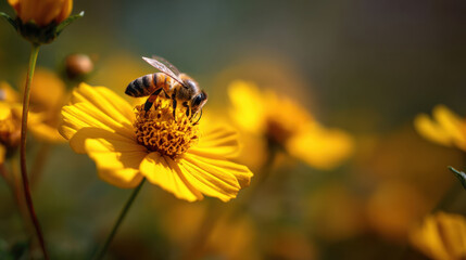 Bee pollination in nature close-up photography vibrant flower field sunny environment macro perspective