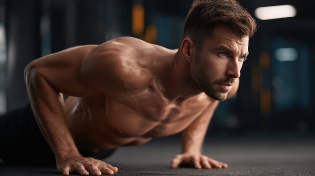 Muscular man push up workout fitness exercise gym strength training athletic determination muscle healthy lifestyle bodybuilder power focus sport physical fitness strength training muscular active