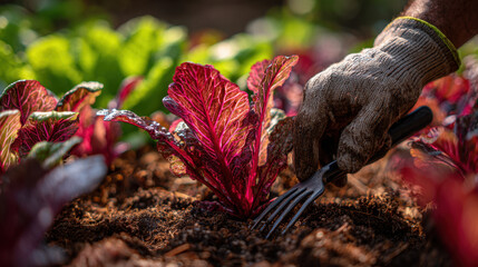 Gardening action farmer's gloved hand planting red leaf vegetables organic farm close-up view nature's beauty