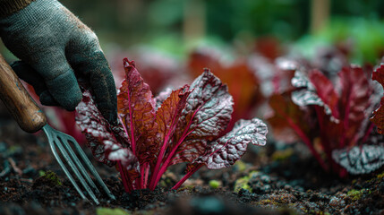Harvesting fresh swiss chard organic farm photography lush garden close-up perspective sustainable agriculture