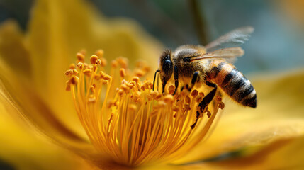 Bee collecting nectar from vibrant yellow flower nature scene closeup photography outdoor environment macro perspective