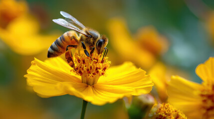 Bee collecting nectar from vibrant yellow flower nature closeup garden environment macro photography pollination concept