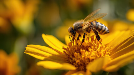 Bee collecting nectar from a vibrant flower nature scene close-up perspective pollination process macro photography