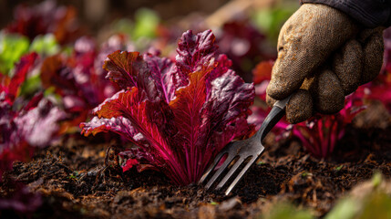 Gardening action farmer tending to red leaf lettuce at field close-up shot natural setting hands-on concept