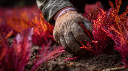 Close-up action of farmer planting vibrant vegetables rural field nature photography autumnal environment ground-level view agriculture concept