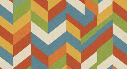 Colorful geometric chevron pattern with orange, blue, green, yellow, and white hues on a textured