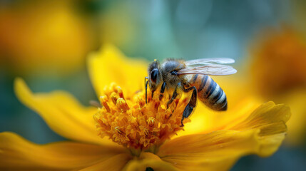 Bee collecting nectar from vibrant flower in a garden macro photography natural environment close-up view