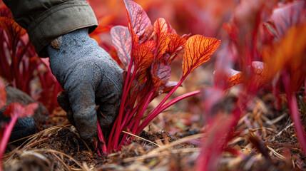 Farmer harvesting colorful beets field close-up image vibrant environment ground level view agriculture concept
