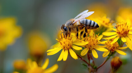 Bee collecting nectar from bright yellow flowers in a vibrant garden close-up nature macro view pollination concept