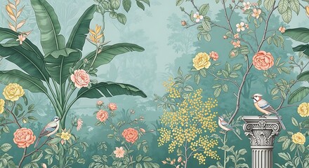 Enchanting vintage wallpaper design featuring lush tropical foliage, blooming roses, and exotic birds perched on a classical column, set against a serene teal background