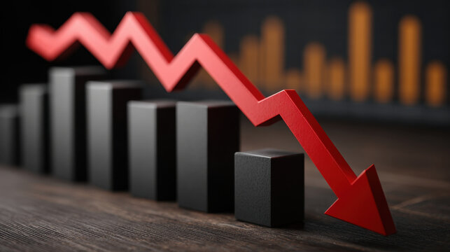 Declining business graph with red arrow pointing downwards over black bar chart on wooden surface, symbolizing economic downturn and market decrease in dramatic visual style