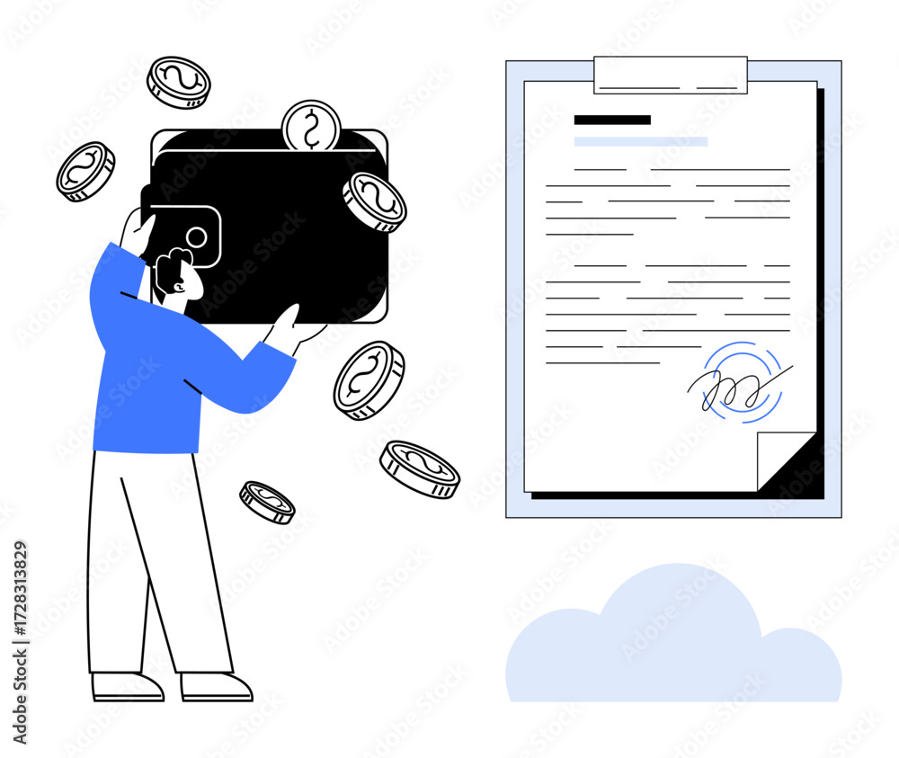 Poster man holding digital wallet with coins, document with signature, floating cloud. ideal for finance, d