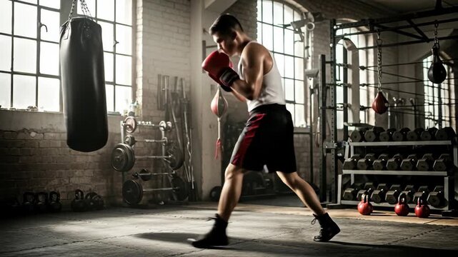 Boxer Training in Gym - A male boxer in red gloves practices his punches in a dimly lit gym. He is in motion, training intensely, with various gym equipment visible in the background.