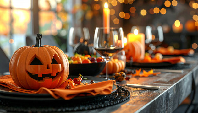 Halloween table setting with pumpkin, wine glass and candles