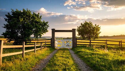 Countryside gateway at sunset