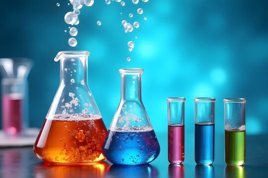 A science experiment setup with bubbling beakers and test tubes.
