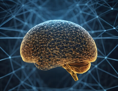 Machine learning, Fog calculations, artificial intelligence, AI, deep learning, blockchain, and neural network concepts. Brain made with shining wireframe net graphic abstract background 3d render.