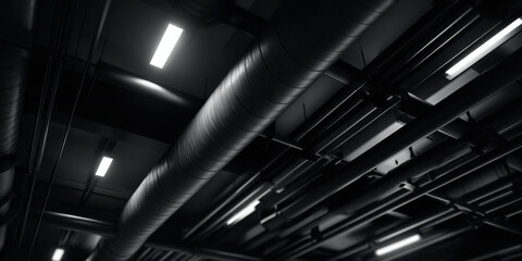 Industrial ceiling with metal pipes and ductwork illuminated by fluorescent lights creating modern and minimalist architectural atmosphere in black and white tones