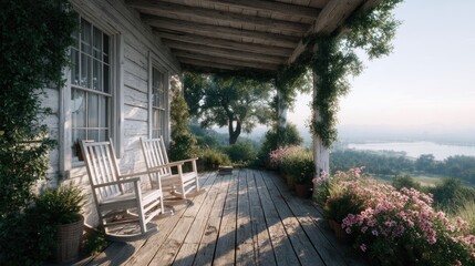 Sunny Porch with White Rocking Chairs and Lush Greenery Overlook Tranquil Landscape