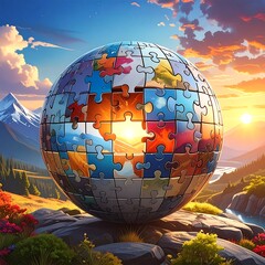 Puzzle sphere atop a rocky landscape