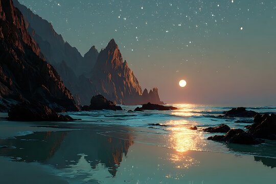 Moonlit ocean waves crash on rocky shore under starry sky beach stars