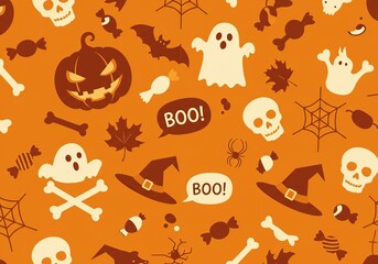 Fototapeta premium Halloween themed orange background with spooky elements and decorations.