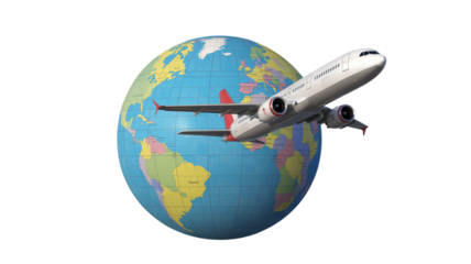Passenger Airplane Flying Around Political World Globe.

