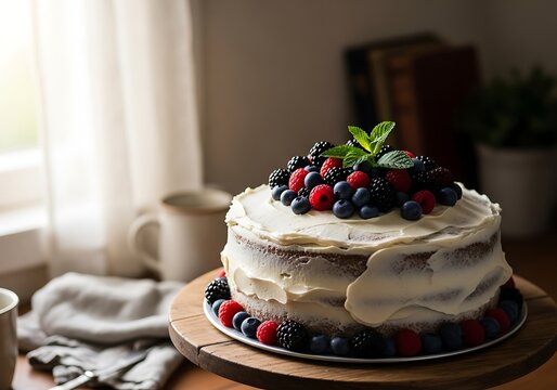 Elegant homemade 85th birthday naked cake topped with an abundance of fresh mixed berries and white frosting on a wooden cake stand