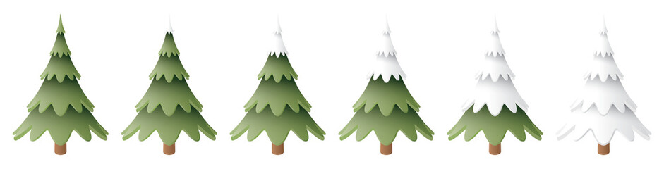 Set of 3D cute pine trees covered by snow isolated