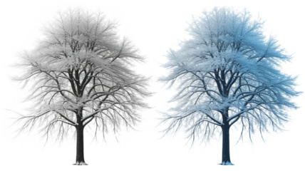 Pair of bare winter trees covered in heavy white snow and frost

