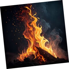 Roaring campfire with bright flames and embers against a dark night backdrop