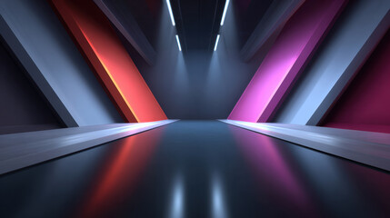 Futuristic corridor with glowing red and purple angled walls reflecting on shiny floor under ceiling lights, creating vibrant and modern atmosphere