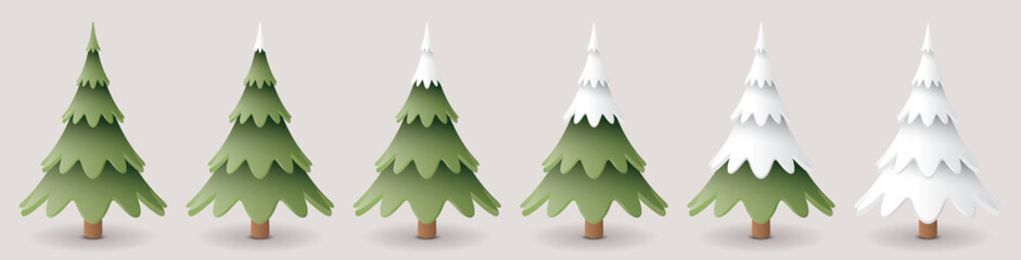 Set of 3D cute pine trees covered by snow isolated graphic illustration.