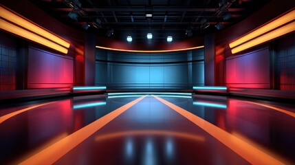 Futuristic news studio interior with glowing orange and blue lights, sleek reflective floor, and modern design creating dynamic and vibrant atmosphere