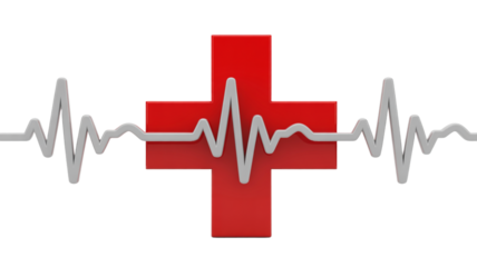 3D rendering of red medical cross with continuous heartbeat line

