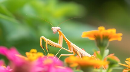 A praying mantis perched on colorful flowers in a garden, showcasing its predatory stance