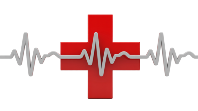 3D rendering of red medical cross with continuous heartbeat line

