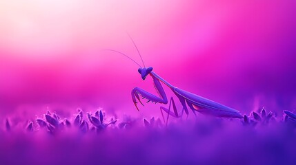 A purple praying mantis rests on a bed of purple flowers with a soft pink and purple background