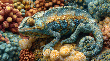 Fototapeta premium A chameleon exploring the diverse colors and textures in a coral reef