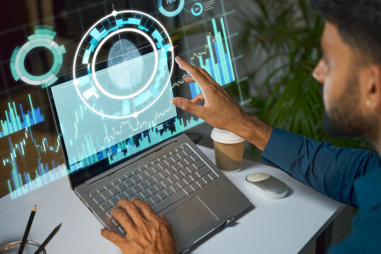 Futuristic Data Analytics On Laptop With Fingerprint Scan And Holographic Interfaces Visuals Touch Screens For Business - Powered by Adobe