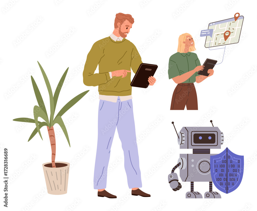 Poster man and woman interacting with digital tablets, robot with shield symbolizing security, map with loc