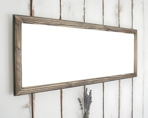 Rustic wooden framed empty white signboard hanging on a textured wall