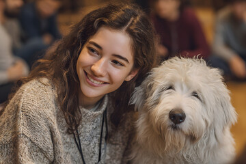 Woman petting dog in group therapy session