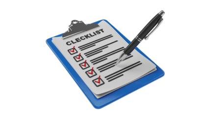 3D blue clipboard with checklist, red checkmarks, and pen.


